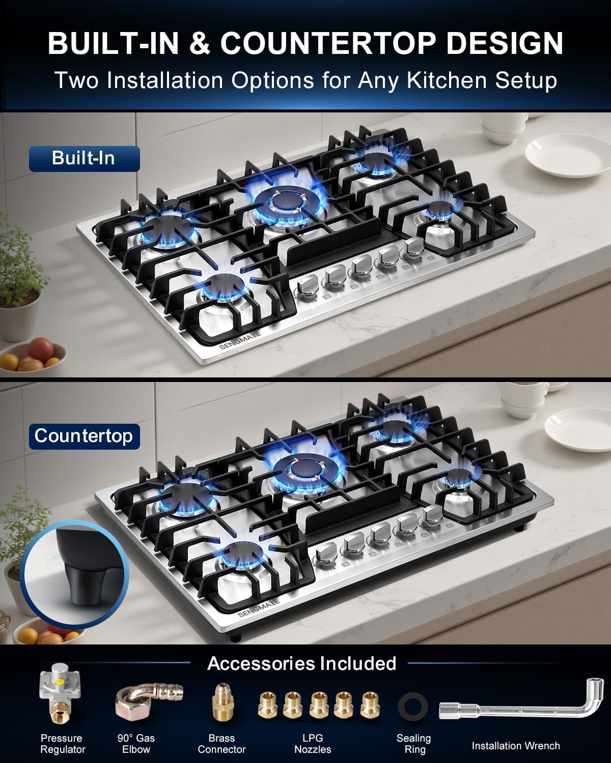 30 Inch Gas Cooktop, 5 Burner Gas Stove Top, Built-In or Countertop Installation, 304 Stainless Steel, NG/LPG Convertible, Flame Out Protection, Ideal for Home Kitchens & Restaurants