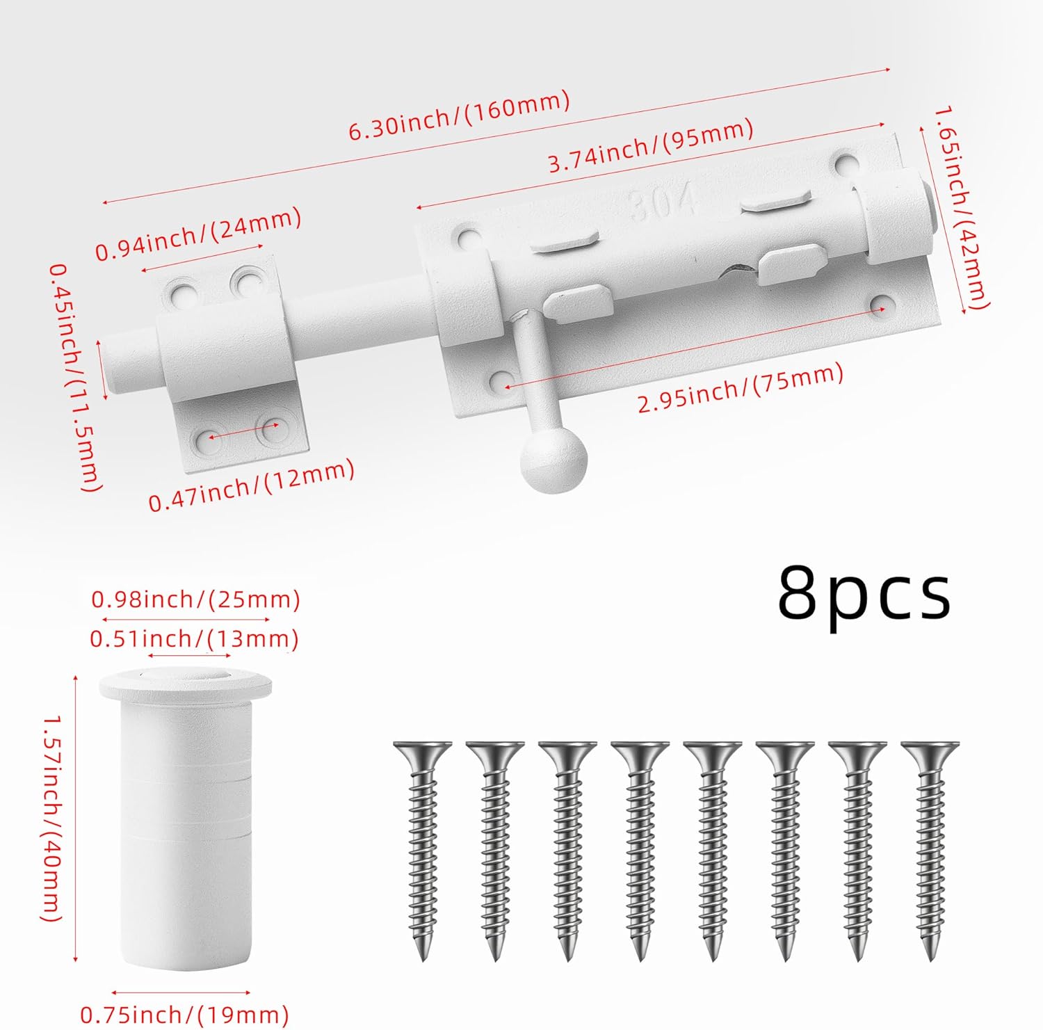Heavy Duty 304 Stainless Steel Gate Latches,for Wooden Fences,Metal Gates Doors Stopper,Padlock Latches Heavy Duty Barrel Bolts Safety,Yard Door，Barn Door Slide Bolt (White, 6.3in)