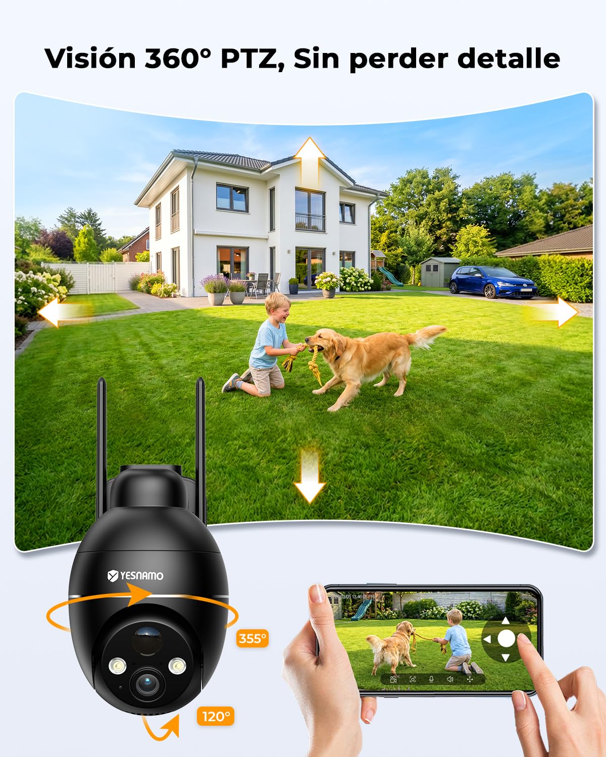 Camara Vigilancia WiFi Exterior Solar 2K sin Cables, YESNAMO Camara Solar con Batería Recargable, 360° PTZ Visión Nocturna Color, Sensor Movimiento PIR, IP66, Sin Suscripción (Negro)
