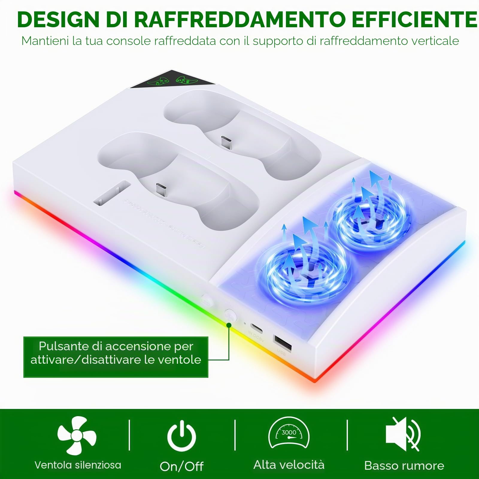FYOUNG Upgrade - Supporto per ventola di raffreddamento RGB per console Xbox Series S con 15 luci colorate, Dual Controller stazione di ricarica per Xbox Series S, accessori con 2 batterie