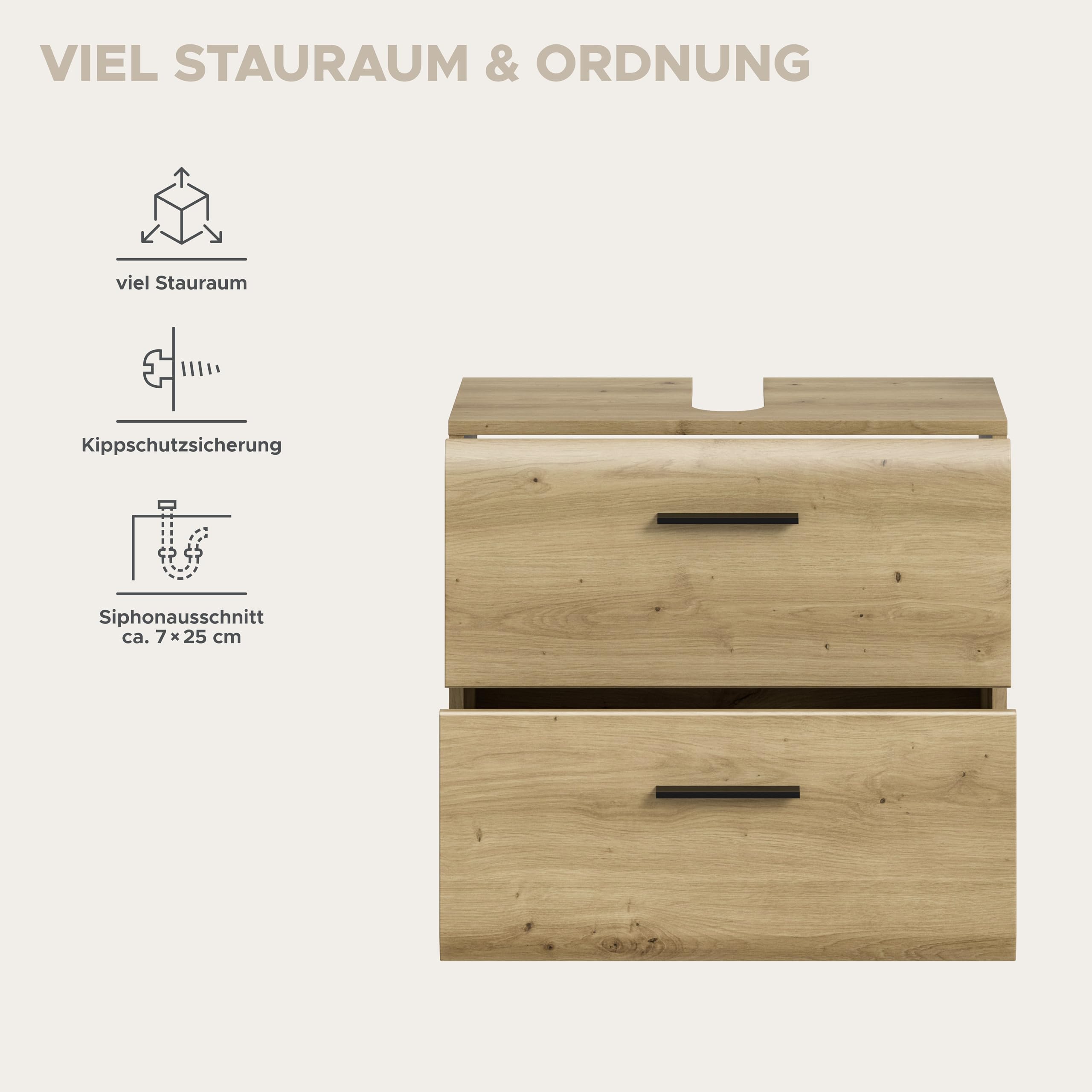 xonox.home – Waschbeckenunterschrank Ice 60x54x60 cm in Korpus und Front Artisan Oak Nachbildung – Moderner Badschrank Unterschrank für Waschbecken – warm & natürlich