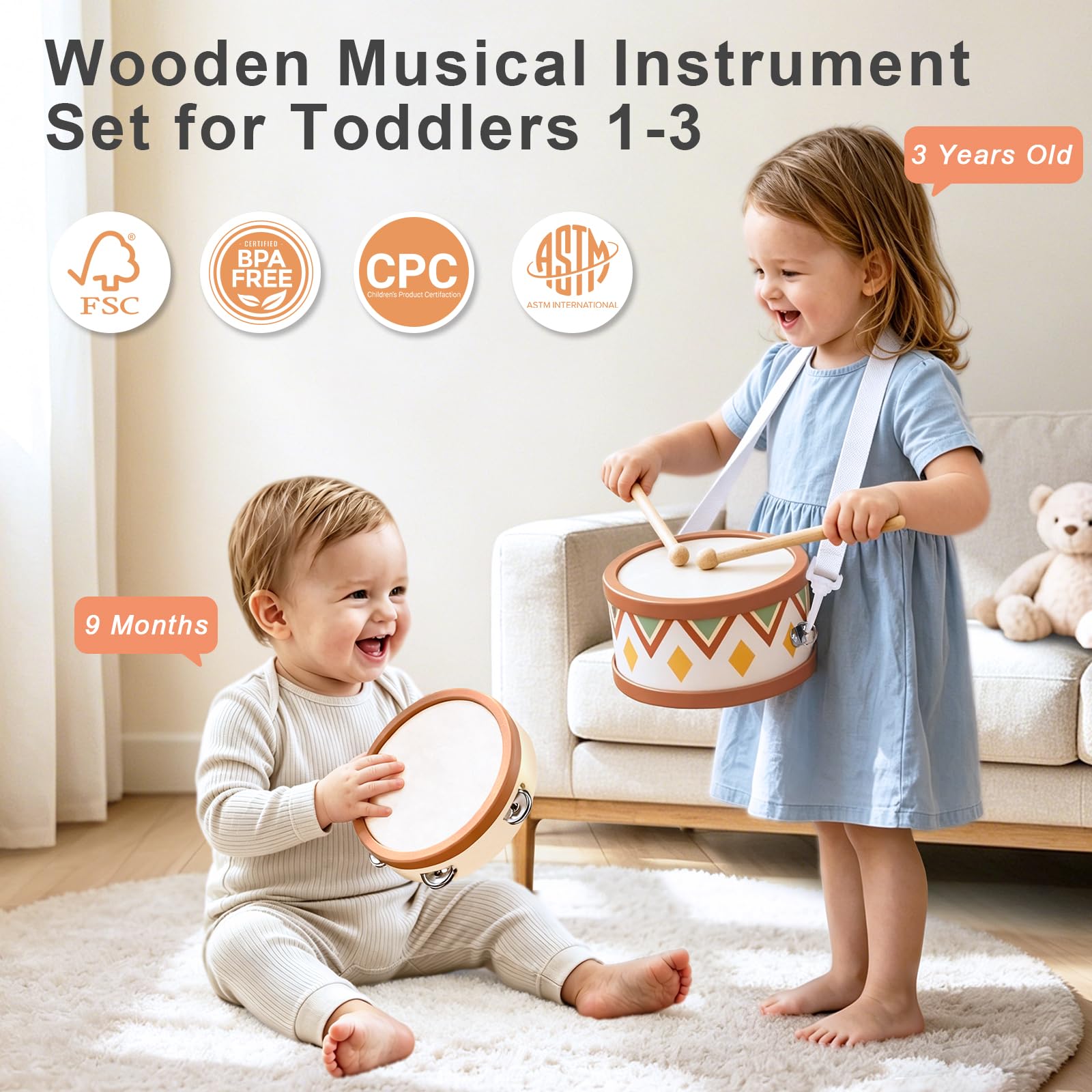 WINGYZ Musikinstrumente für Kinder ab 1-6 Jahr - 10-in-1 Montessori Holzspielzeug Set - Morandi Design Baby Musikspielzeug ab 2 3 4 Jahre - Ideal für Musikpädagogik & Geschenk