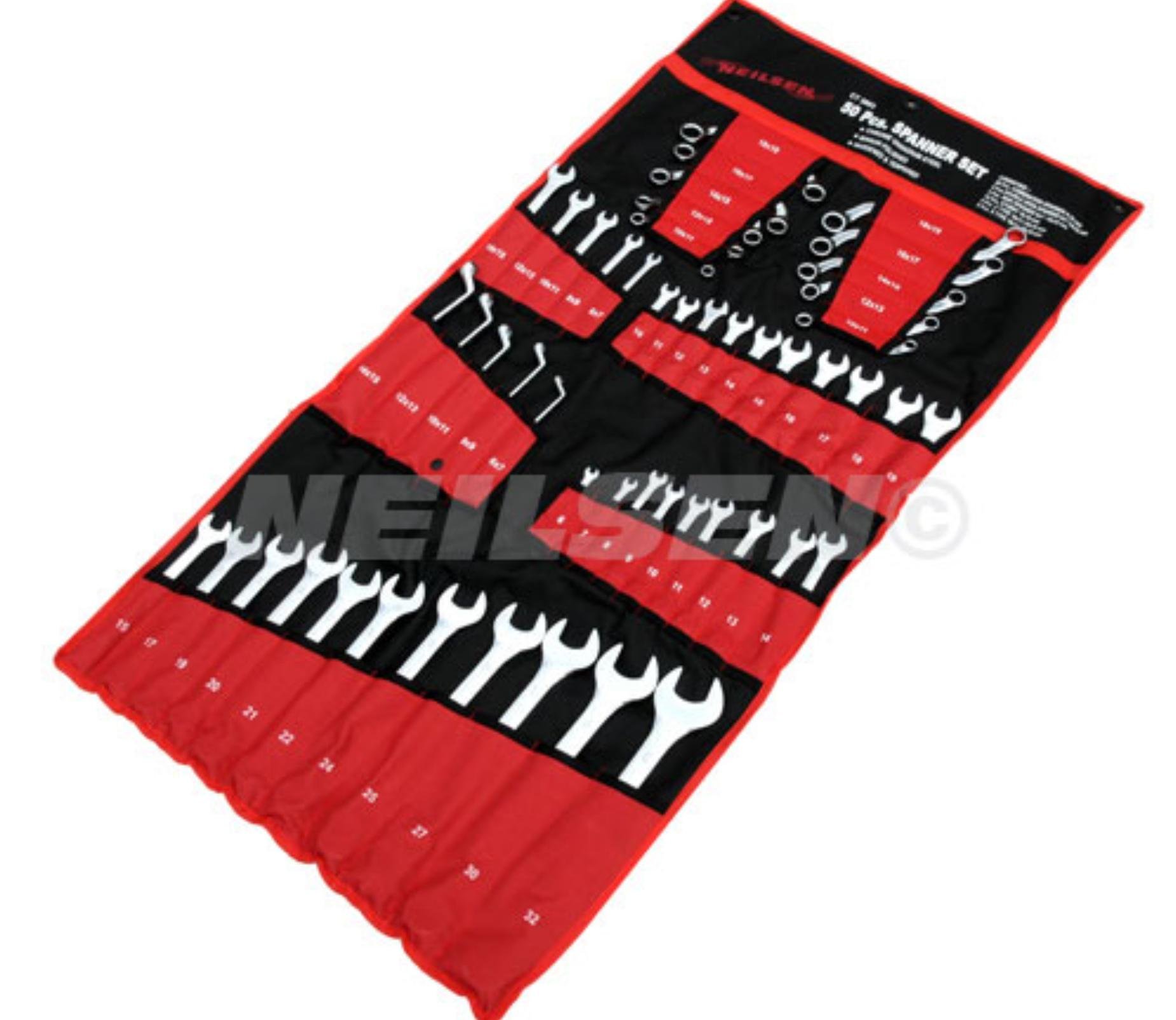Neilsen Ct3803 50 Piece Combination Spanner Wrench Set Professional Quality Metric Multi-Purpose In Hanging Roll Case Large