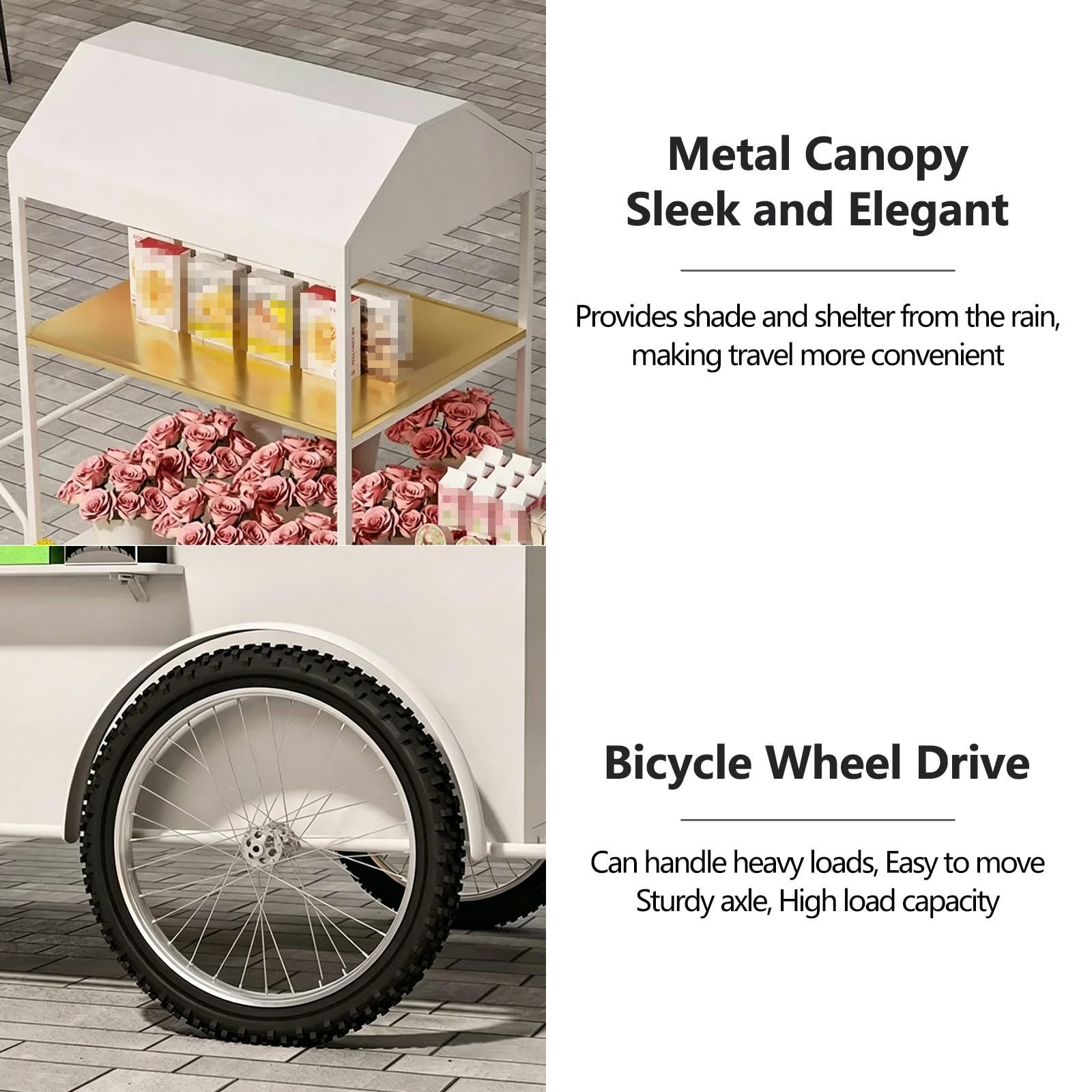 Verkaufswagen mit Metallüberdachung, Mobiler Imbisswagen, Verkaufsstand für Einzelhandel, zum Verkauf von Süßigkeiten, Snacks und Blumen, für Märkte Veranstaltungen(White,140cm/55.1in)