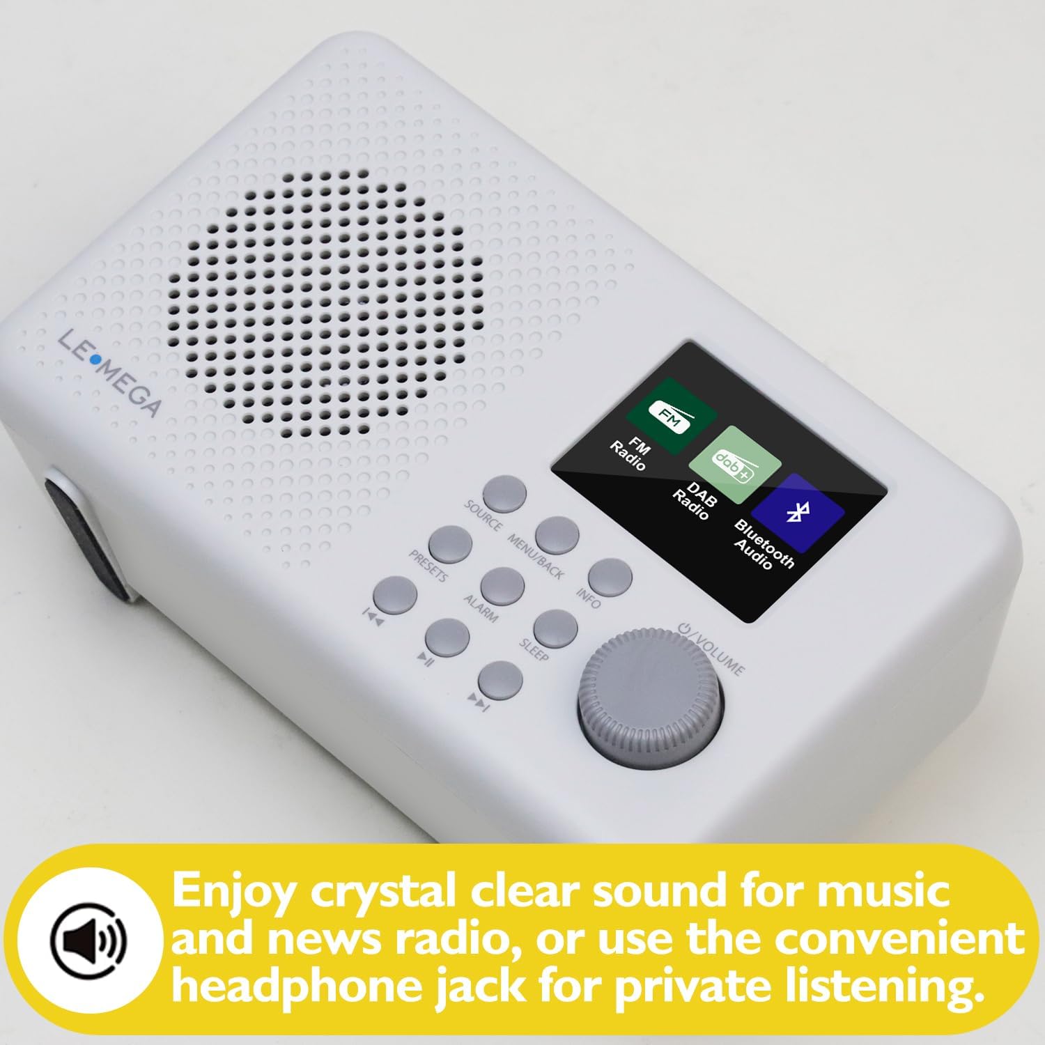 LEMEGA DR3P radio with a headphone jack, emphasizing clear sound and private listening.