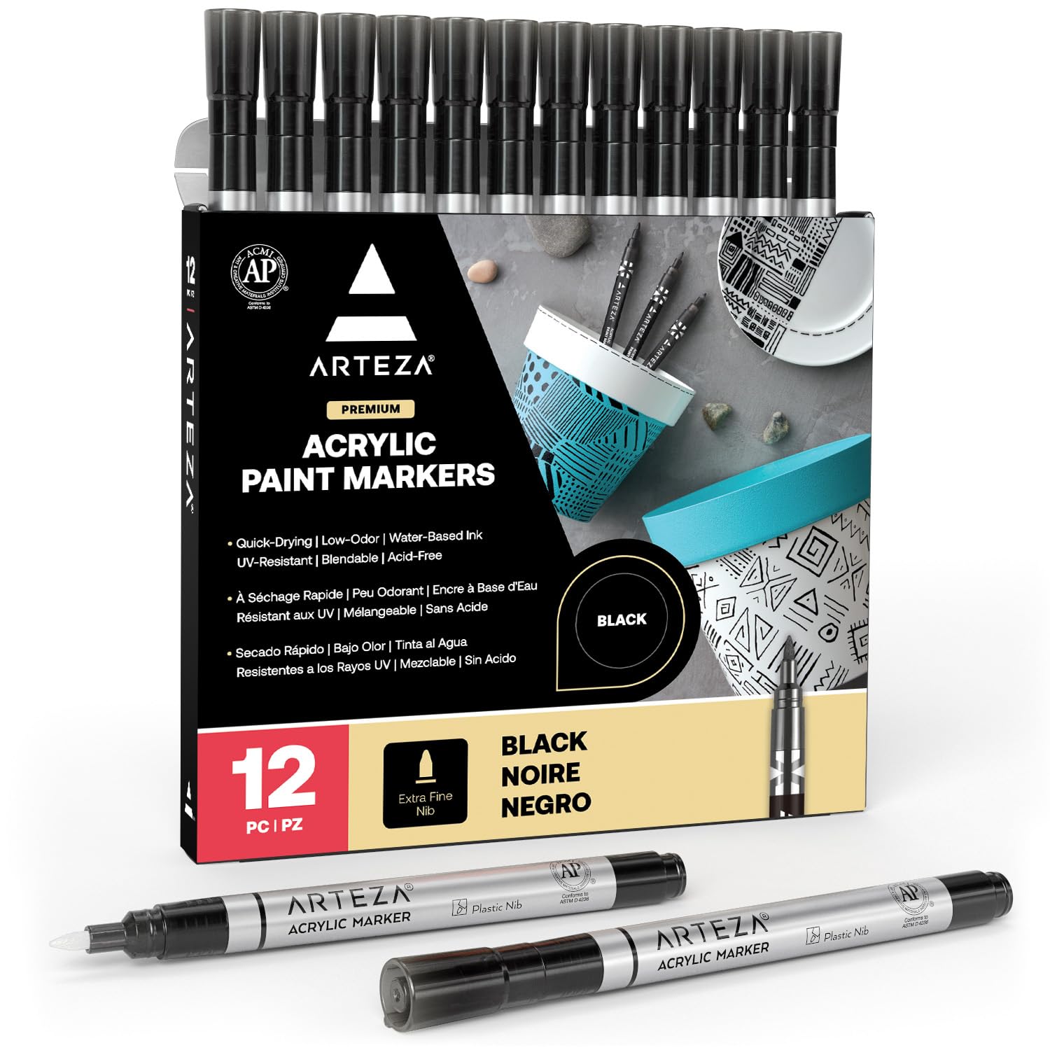Acrylic Paint Markers, 12 Pack, Black, Fine Tip Paint Pens