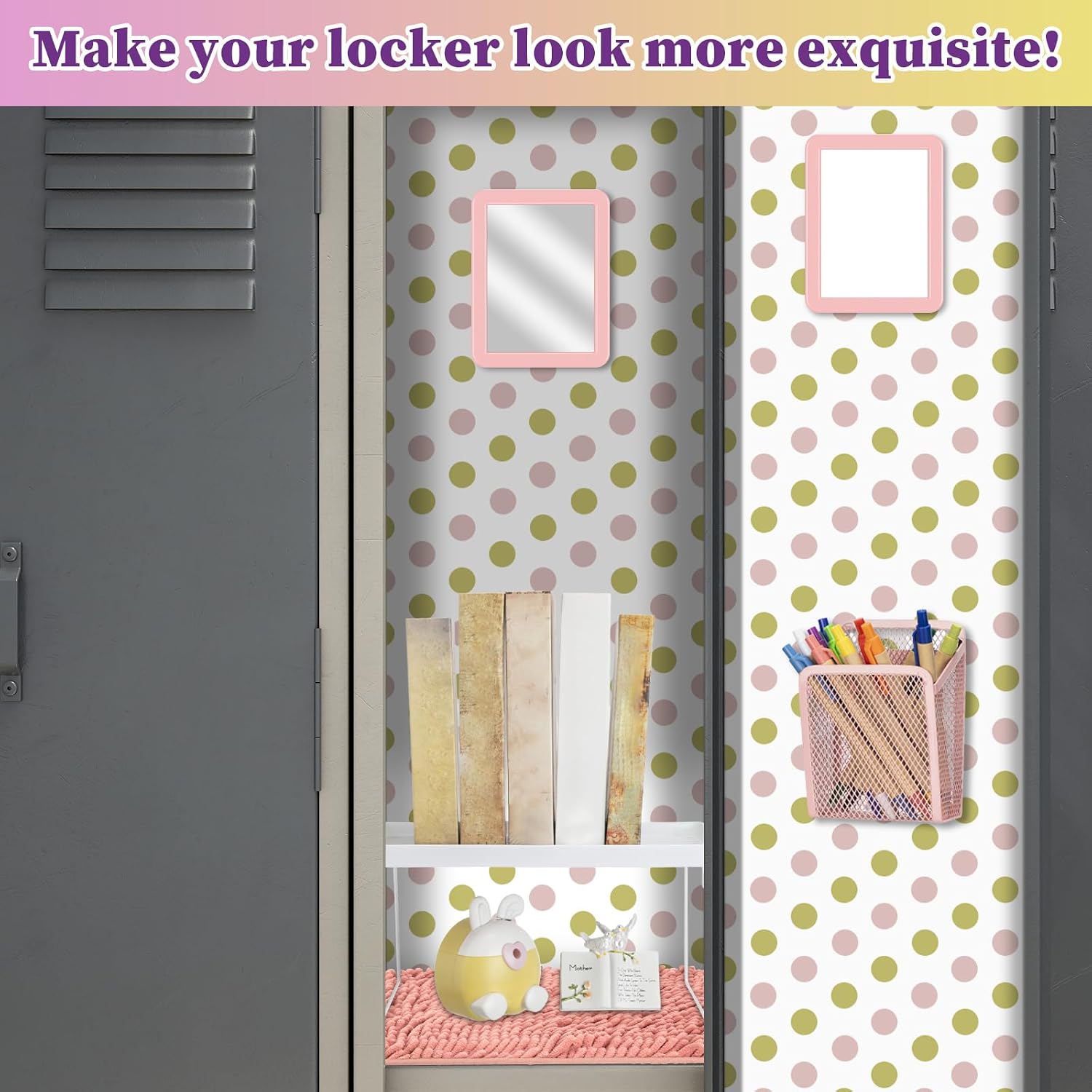 Chuangdi 17 Pcs Locker Organizer and Decorating Kit Back to School Essentials Magnetic Locker Shelf Wallpaper Mirror Whiteboard Dry Erase Marker Rug Locker Accessories for Girls(Pink)
