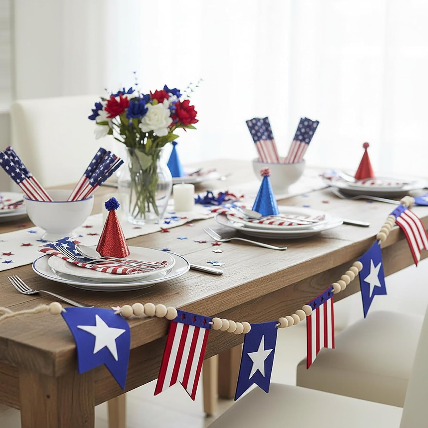 4th of July 7.2Ft Patriotic Wood Bead Garland, Red White Blue | American Flag Style, Independence Day, Memorial Day, Fireplace Mantel Decor, Shelf Wall Hanging, Rustic Farmhouse