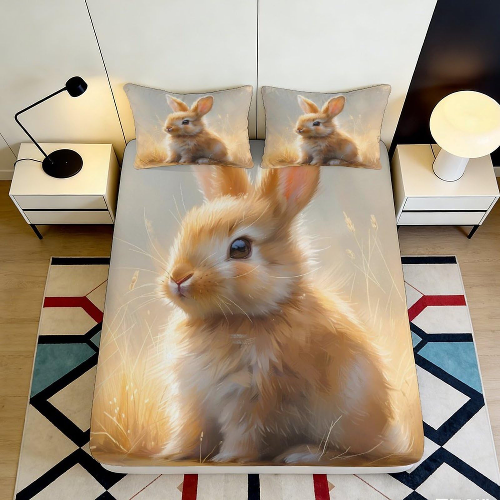 Jqzkxnhpbr Style-7 3D Printed Cute Bunny Fitted Sheet Microfiber Soft Breathable Cartoon Rabbit Mattress Cover Bedroom Decor 90X200x25cm