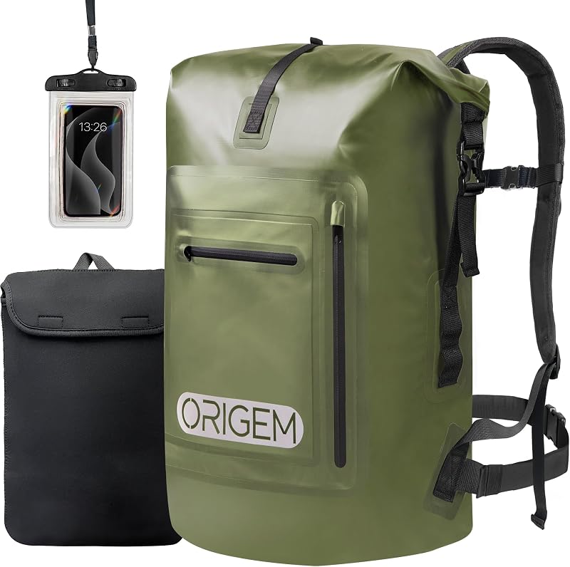 Origem Vízálló Hátizsák 35L Rolltop Zöld - Laptop Rekesz, Száraz-Nedves Rekesz, Kajakozás Túrázás Horgászat