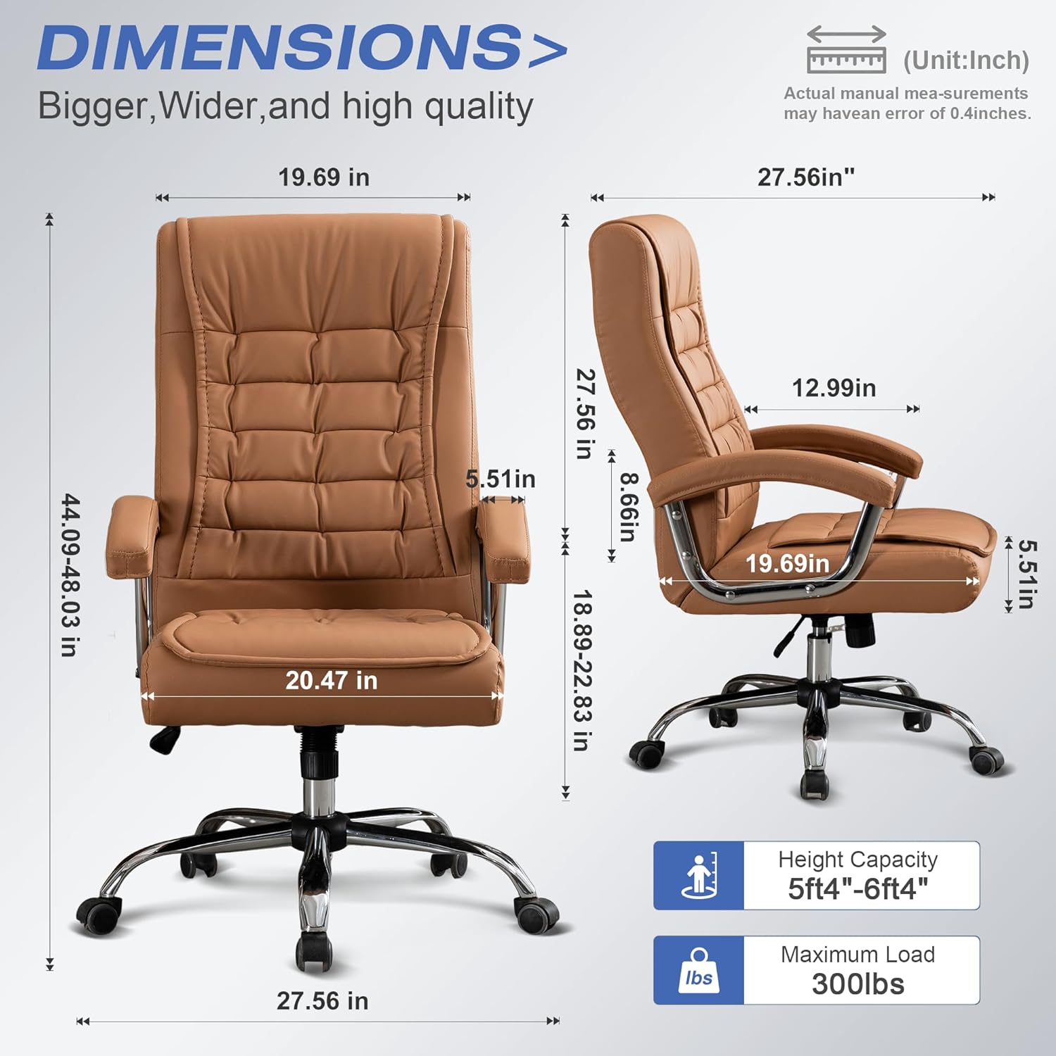 Executive Office Chair Adjustable Leather Chair High Back Swivel Office Desk Chair with Padded Armrest 350lbs Load-Bearing Spring Seat Computer Desk Chair for Home Office, Khaki