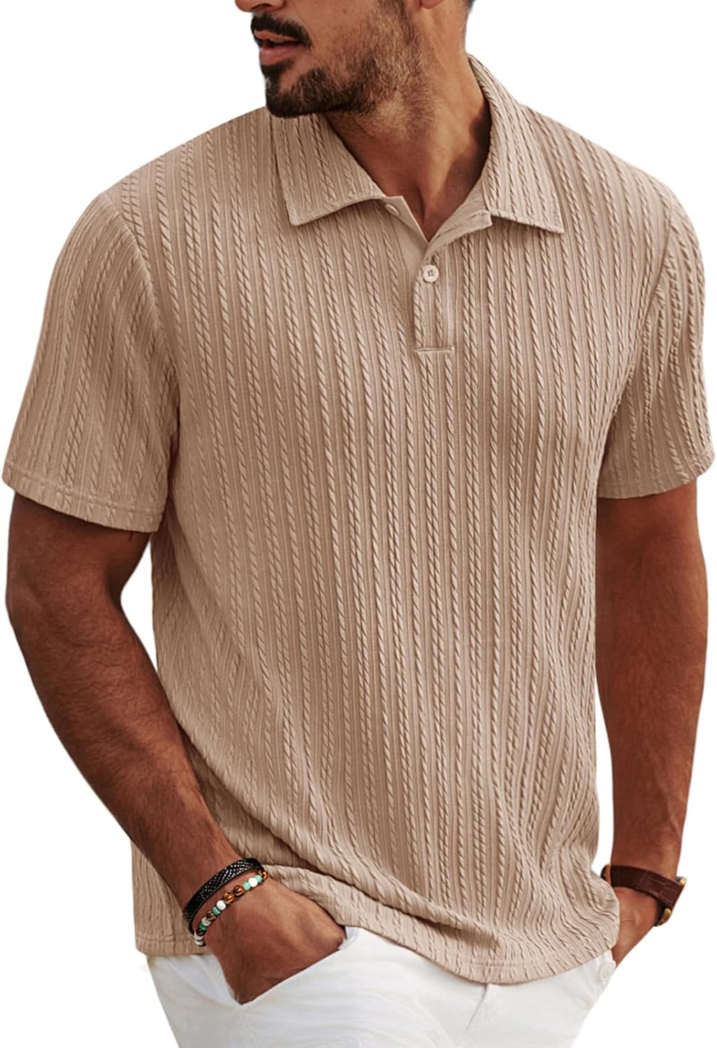 PJ PAUL JONES Mens Knit Polo Shirts Casual Textured Stretchy Polo Shirts for Summer Vacation