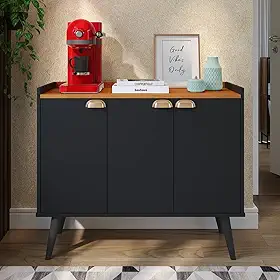Aparador Balcão Buffet 3 Portas com Prateleira Puxador Concha (Preto/Cinamomo)