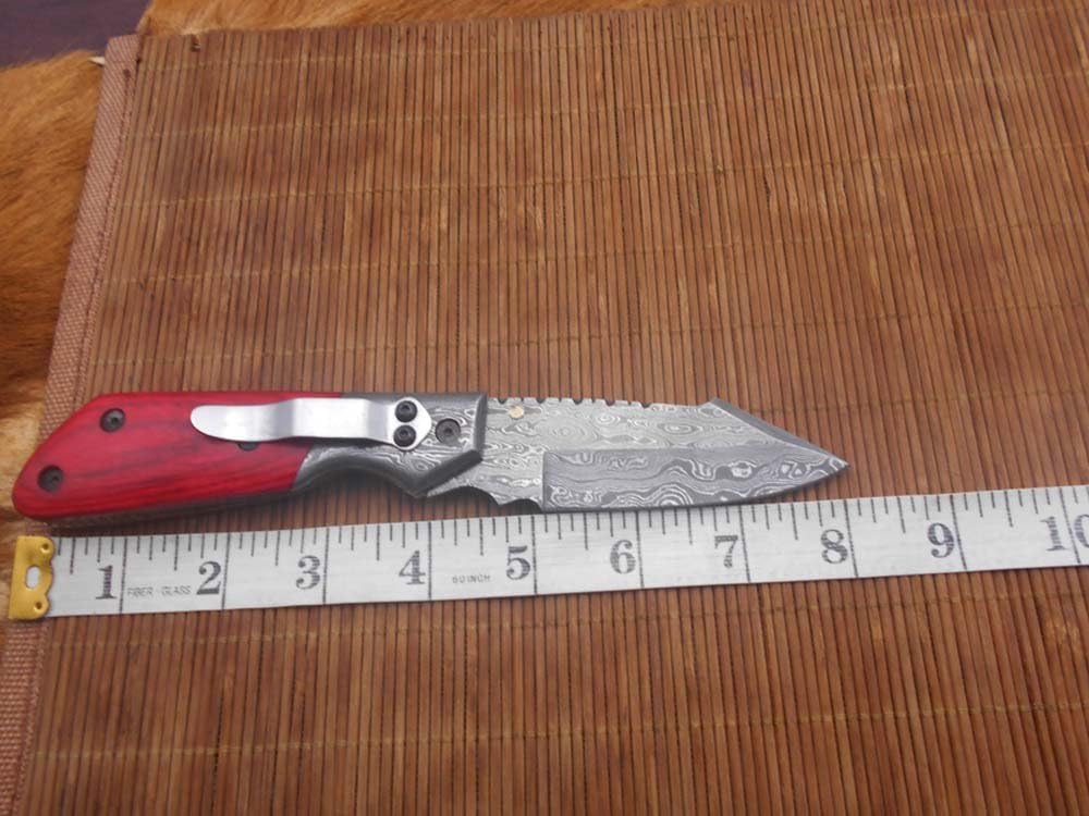 Lot of 5 pieces 8" long Folding Knife with pocket clip, Hand forged Damascus steel 4" blade. 5 colors scale with Damascus Bolster, Cow hide Leather sheath included with belt loop