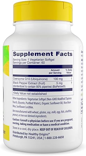 Miniatura 3 de Healthy Origins Natural Enhanced CoQ10 (BioPerine), 100 mg - Suplemento energético y de salud cardíaca - Suplementos sin gluten y sin OMG, con