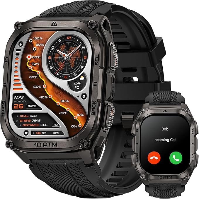 KOSPET Tank M4 Smartwatch Uomo, Acciaio Inox Completo,GPS a 6 Satelliti & Mappe Offline,10ATM Subacqueo 45m,Batteria 50 Giorni,Chiamate Bluetooth, Monitor Salute 24/7,1.96" AMOLED,Android & iOS(Nero)