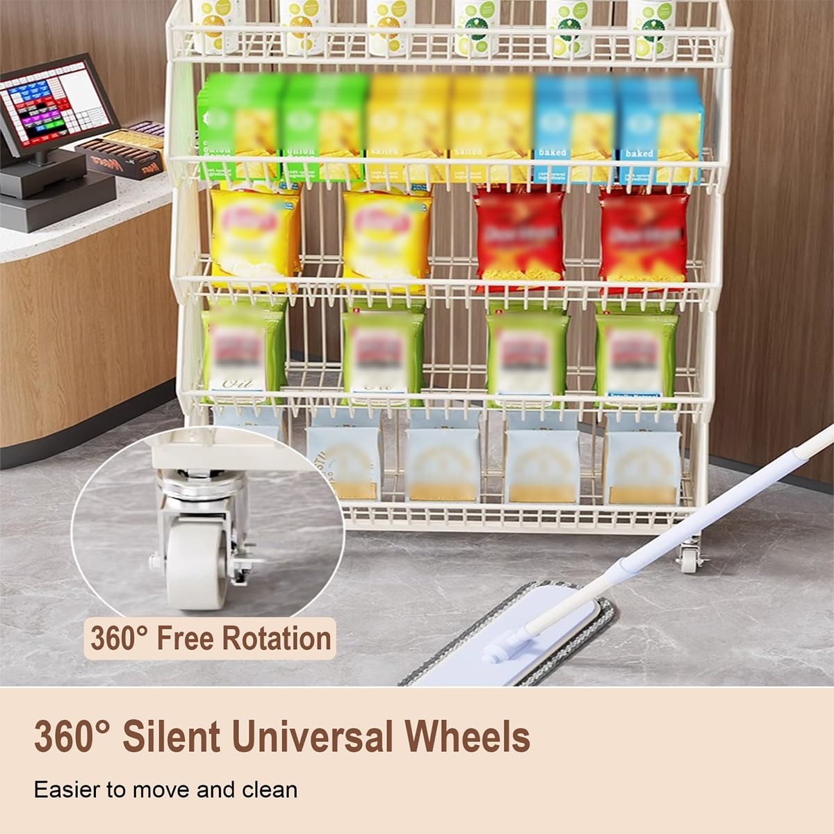 5 Tier Snack Rack Retail Display Stand with Wheels, White Metal Wire Basket Shelf, Vertical Retail Storage Rack for Grocery, Convenience Store & Home(White,L 80CM 31.5IN)
