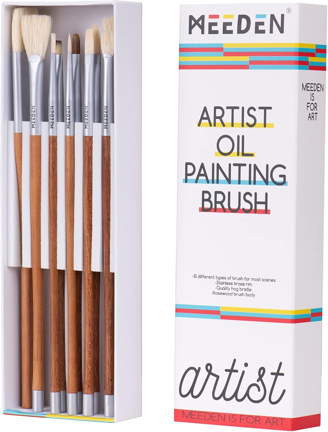 MEEDEN 10 Pcs Oil Paint Brush Set, Professional Artist Paint Brushes, Hog Bristle