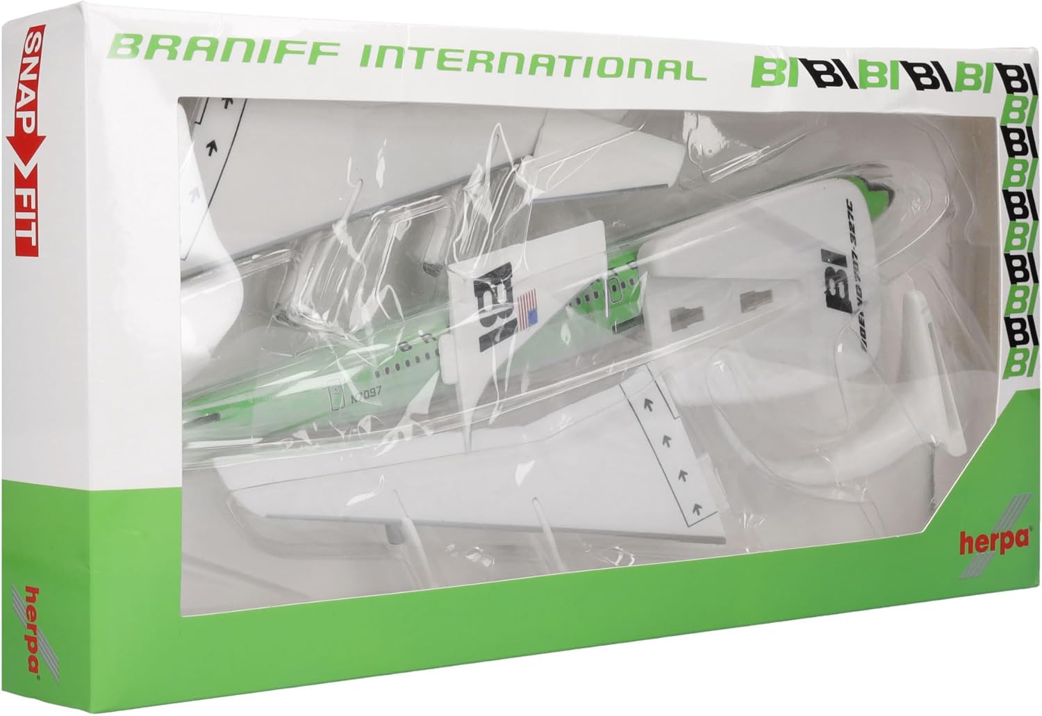 Herpa Snap-fit Airplane Model Boeing 707-300 Braniff on Scale of 1:144, Plastic Miniature with pedastal, Model Building, Collectors Edition, Colour: Lime Green