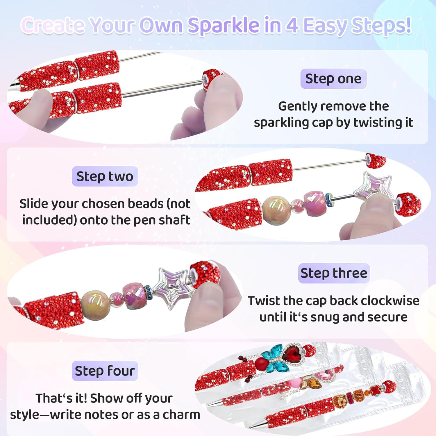 48 Pcs DIY Diamond Beadable Pen Kit - 16 Plastic Rhinestone Beaded Pens Bulk with Refills & Bags - Beaded Pen Kit for Students & Teachers – School Projects, Office Gifts (Red)