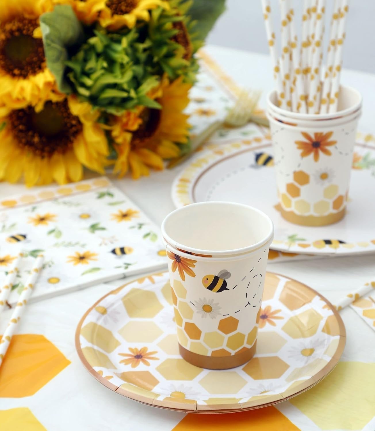 Party Supplies - Serves 16 - Birthday Plates Cups Napkins Perfect for Baby Shower Decorations First Birthday Decorations (Bee Complete Set)
