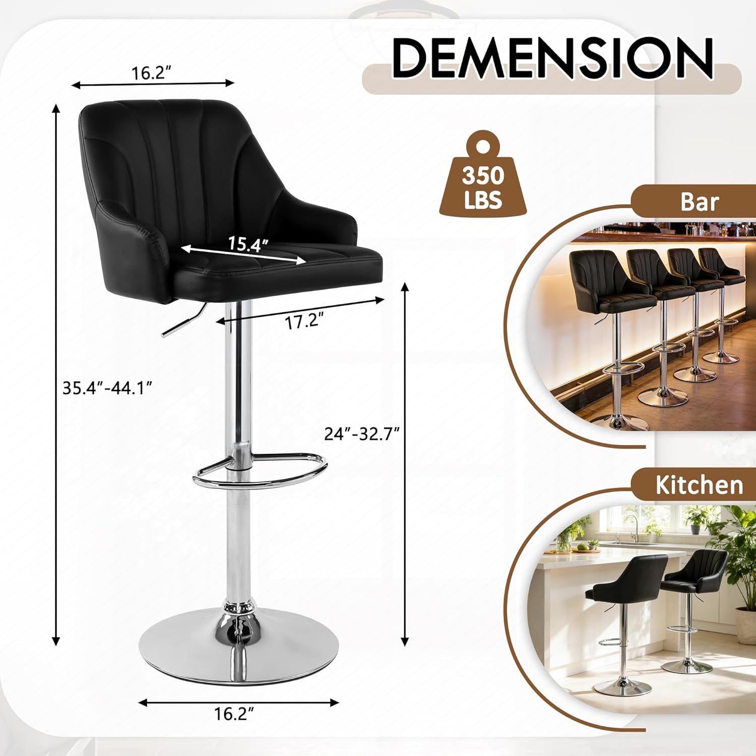 LSSPAID Bar Stools Set of 2, Adjustable Counter Height Swivel Barstools with Back & Arms, Industrial Style Bar Chairs with Metal Base for Kitchen Counter Cafe Dining Room, Black