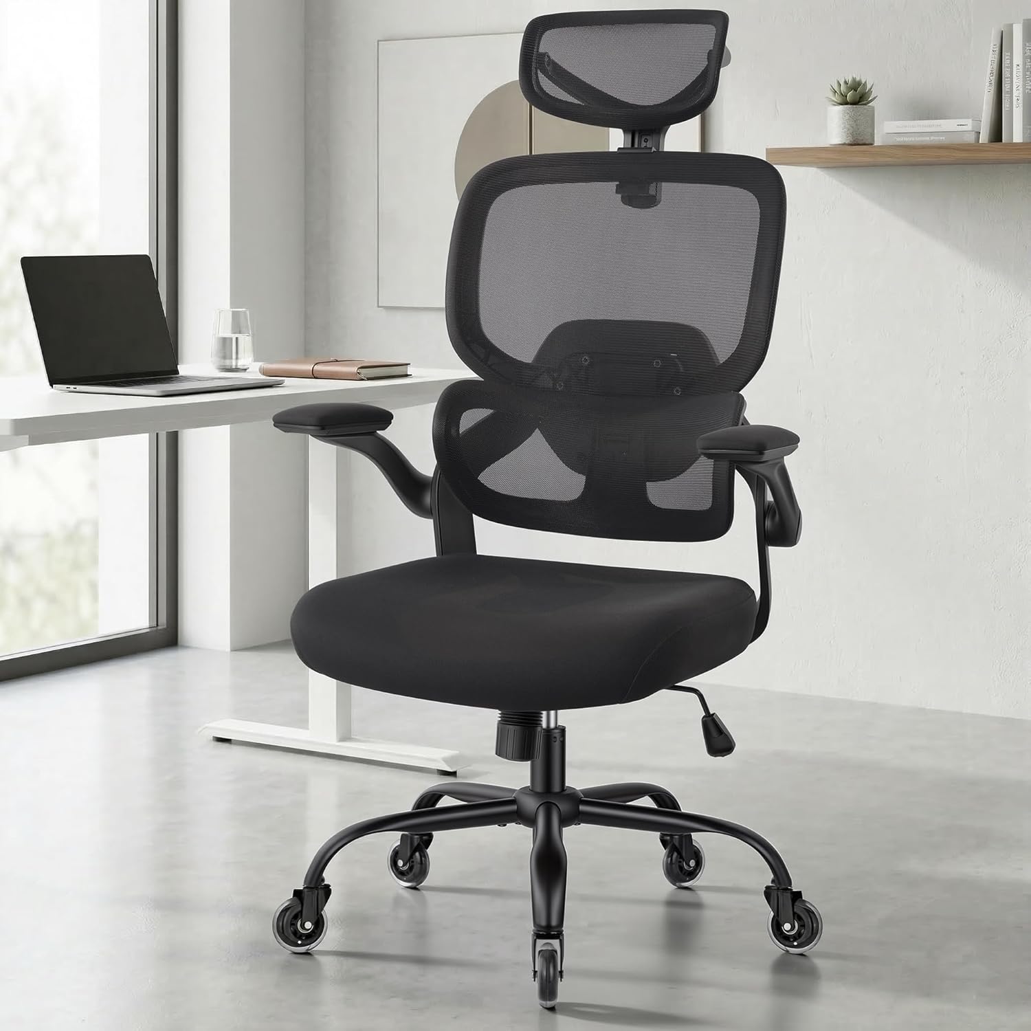 Office Chair Ergonomic Chair with Flip up Armrests, Adjustable Lumbar Support Computer Chair with Breathable Mesh Back Home Office Computer Chairs for Long Hours Mesh Office Chair
