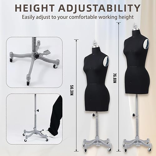 Miniatura 8 de PDM WORLDWIDE Maniquí de costura de grado industrial, talla 6, forma de vestido profesional para diseño de ropa, maniquí de altura ajustable para