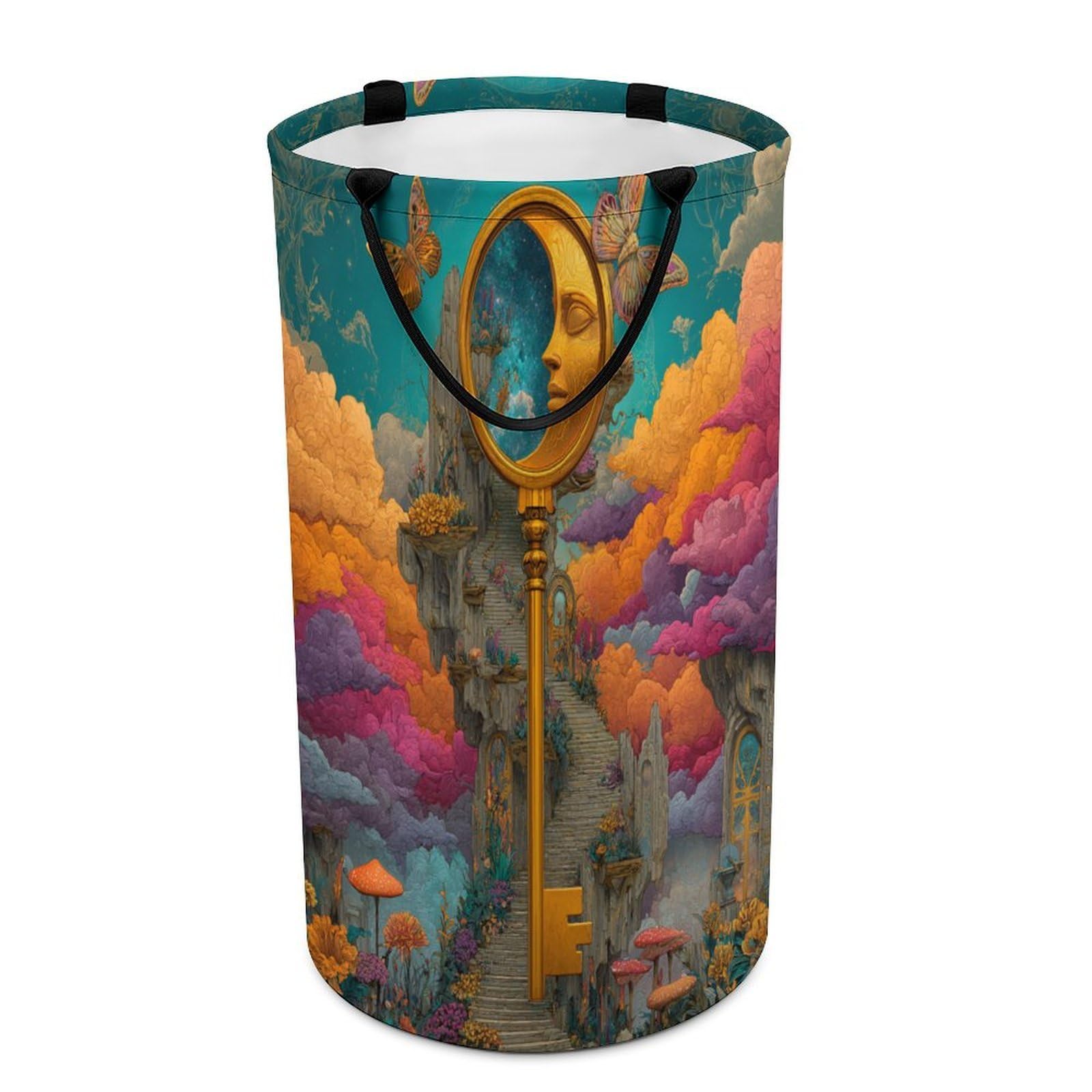 LUYYSKY Colorful Fantasy Fairy Garden Versatile Storage Laundry Basket, Classic Watercolor Starry Sky Galaxy Animal Butterflies Flowers Large Bathroom Laundry Hamper With Handle-40 CM Dia, 69 CM High