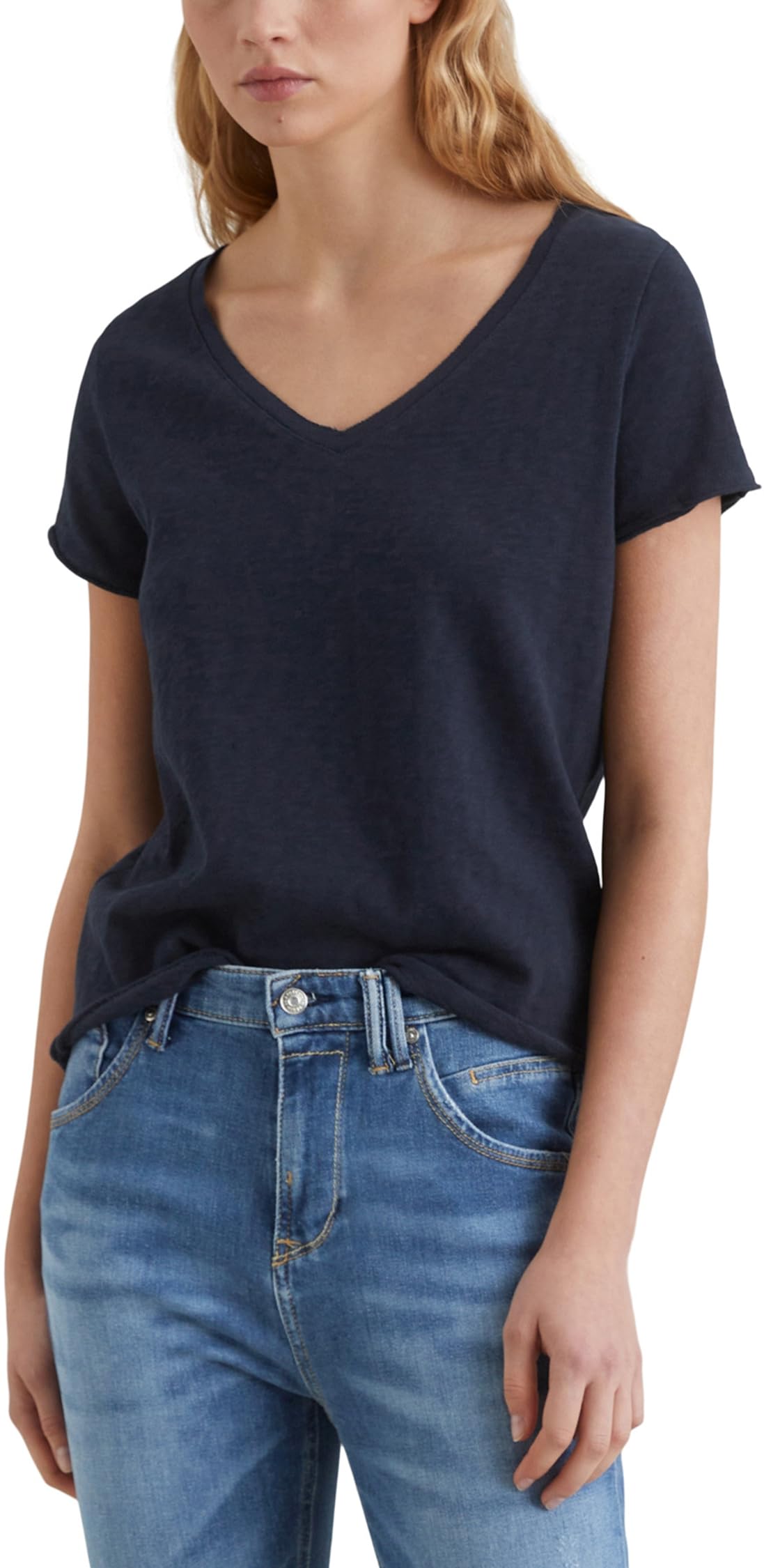 Marc O'Polo Denim Damen T-Shirt aus Bio-Baumwolle mit V-Ausschnitt