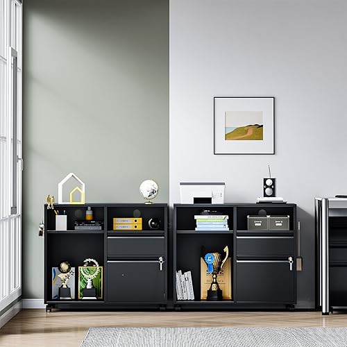 Miniatura 9 de Yizosh Archivador móvil de 3 cajones con cerradura, archivador negro debajo del escritorio, archivador con bloqueo de metal sobre ruedas para