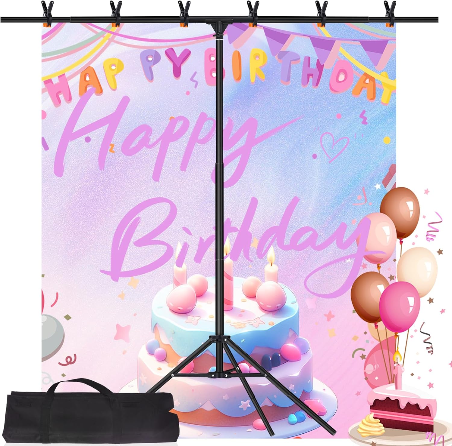 T-Shaped Backdrop Stand, 6.6x5 FT Photo Backdrop Stand, Portable T Backdrop Stand, Adjustable Background Stand with 6 Backdrop Clamps and Carring Bag for Wedding Photo Parties Decoration