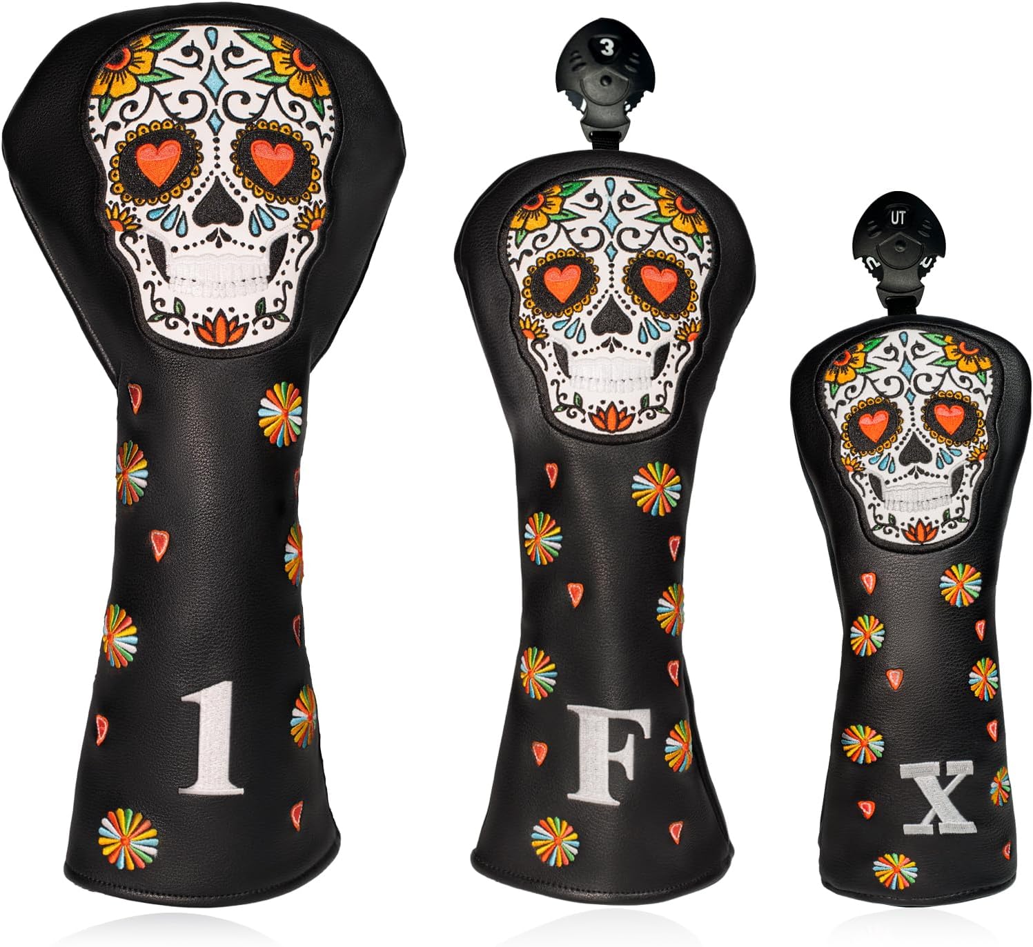 Colorful Skeleton Embroidery Club Covers Driver Headcovers Fairway Wood Cover Hybrid Head Cover Leather 3 Wood Headcover Golf Club Covers for Most Brand.