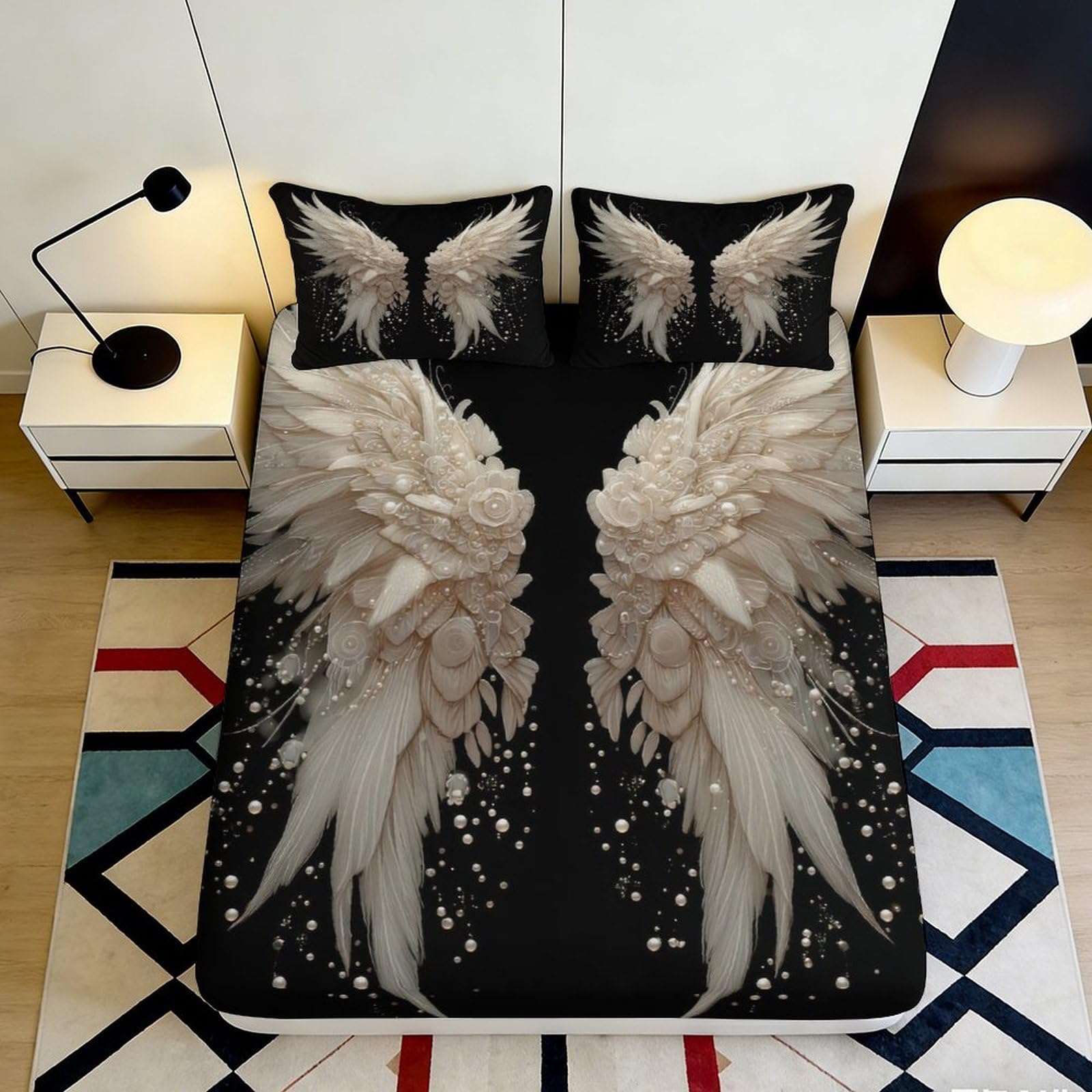 3D Printed Angel Wings Fitted Sheet Microfiber Soft Beige Feather Bed Cover for Bedroom Decor Dorm Mattress Protection 90x200x25cm