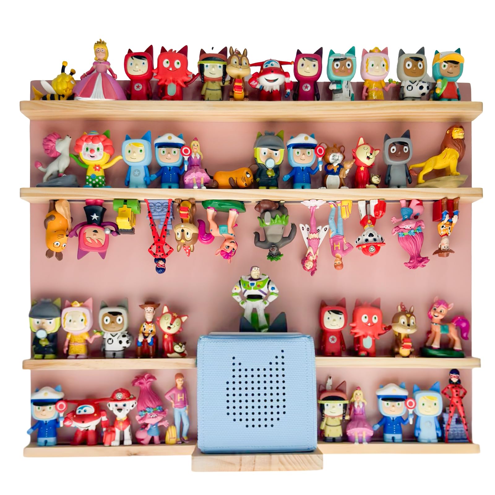 Chedin Large Magnetic Wooden Shelf for Toniebox โ Wall Mounted Display Organizer for 60+ Tonies Figures, Solid Pine Kids Room Storage Rack for Nursery & Playroom (Pink large)