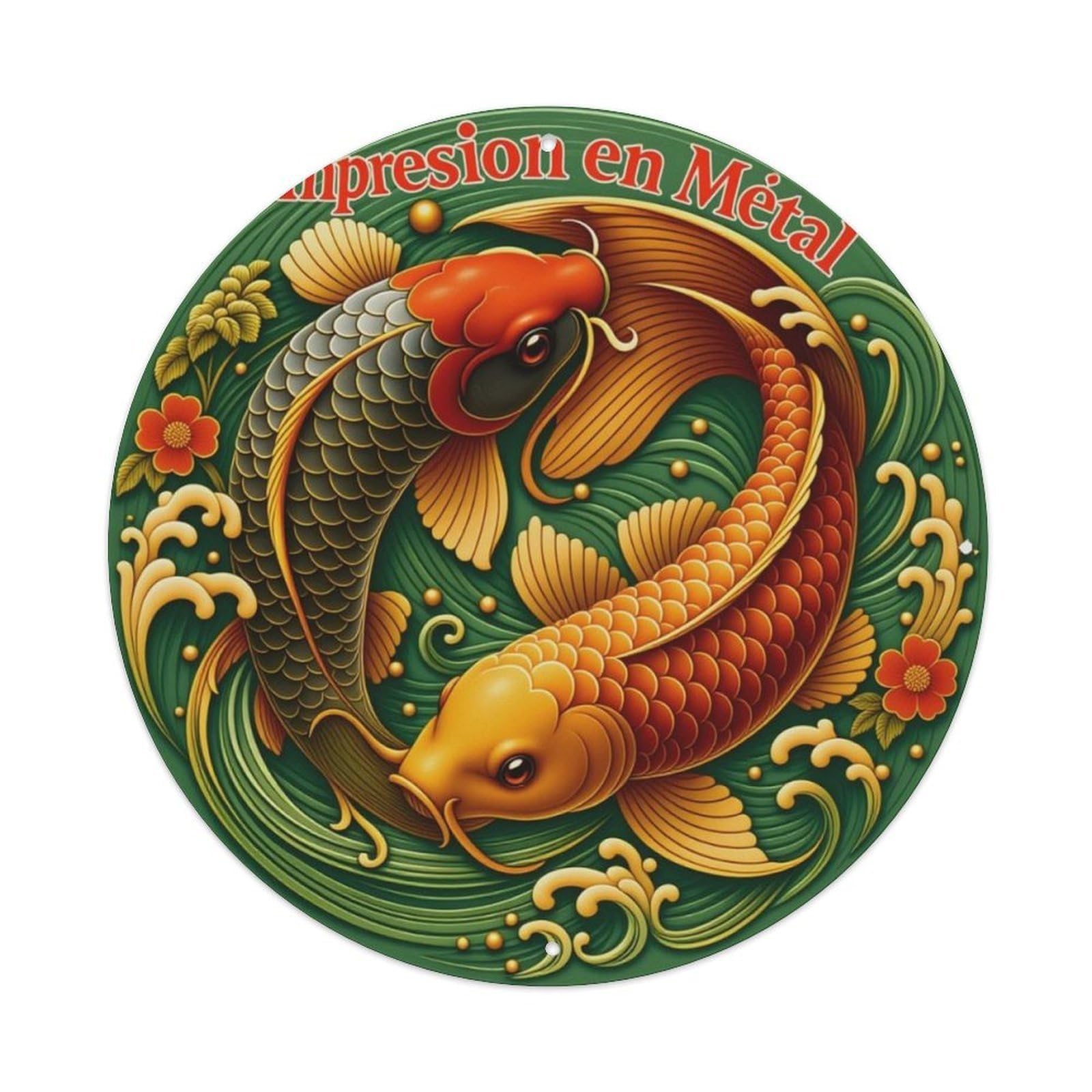 Chinese Style Auspicious Double Koi Fish Round Decor Sign Vintage Aluminium Metal Sign, Retro Wall Decor for Home, Bar, Garage & Farmhouse 20x20cm