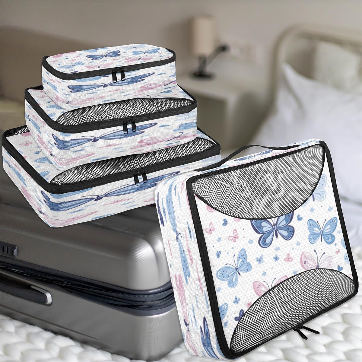 Watercolor Butterfly Pattern 4 Set Packing Cubes Packing Cubes for Women Lightweight Travel Essential Bag Clothes Carry on Suitcase Bags for Accessories Essentials