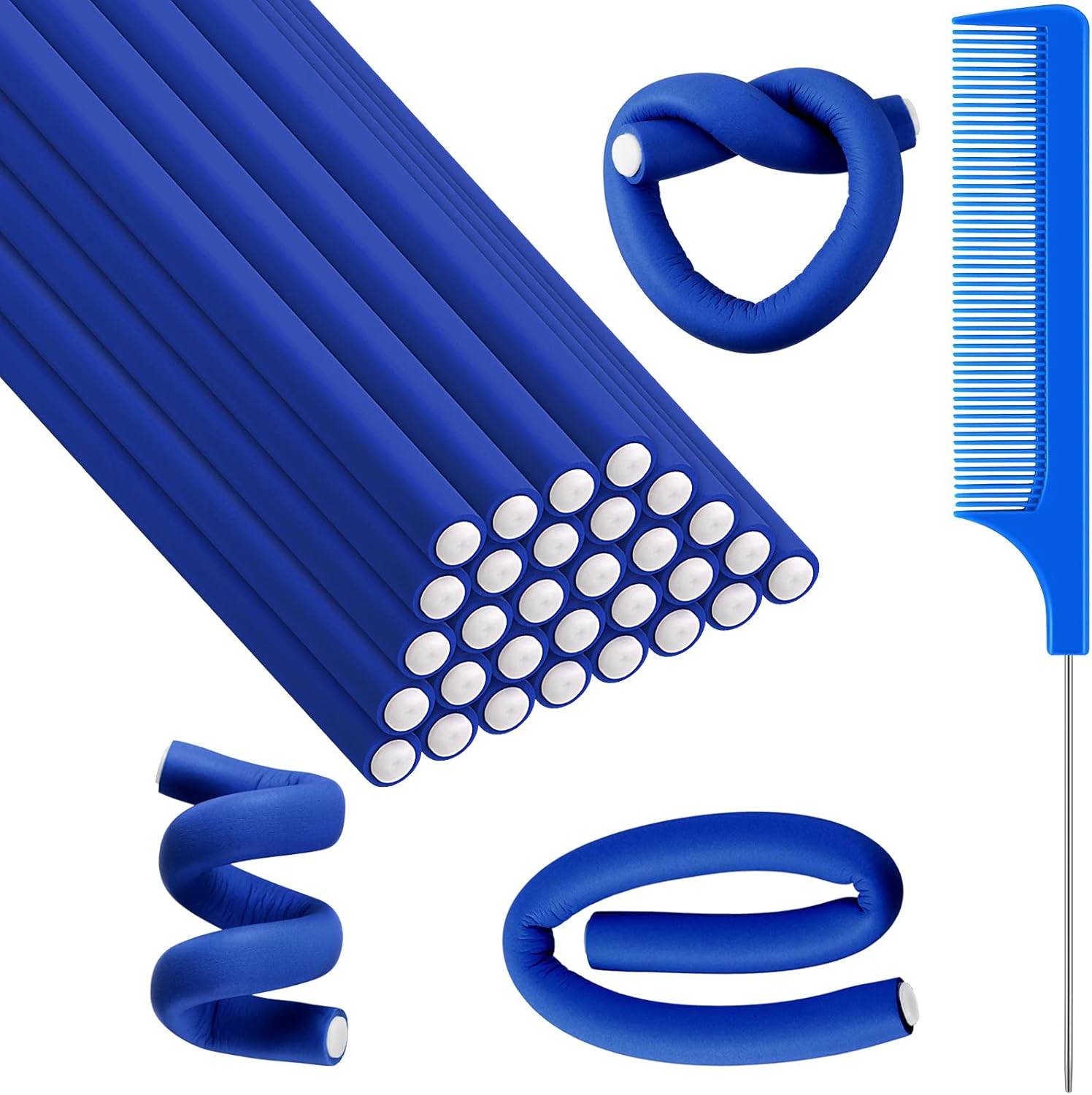 30 stuks flexibele krulspelden draai schuim haarrollers zacht schuim geen hitte haarrollers en 1 stalen pintail kam rattenstaart kam voor dames meisjes lang en kort haar (7 x 0,75 cm, blauw)