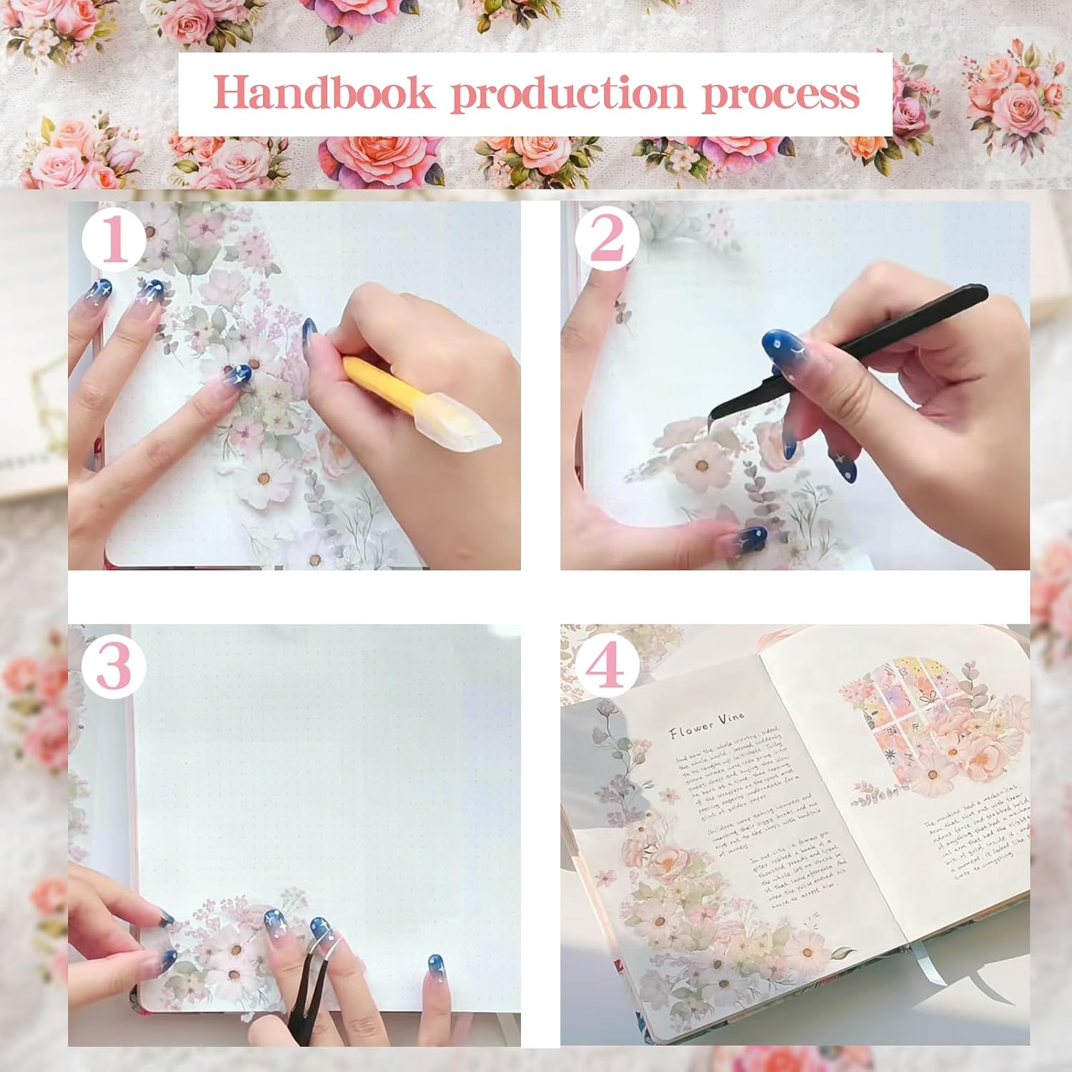 Washi Tape Set, 3 Rolls Scrapbook Stickers, Flowers PET Washi Tape, PET Transparent Decorative Stickers for Scrapbooks, Diaries, Notepads Used and DIY Photo Albums (J)