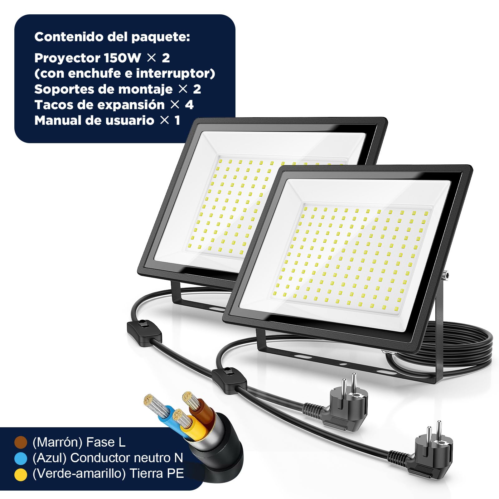 Foco LED Exterior 150W, 16500LM Súper Brillante con Haz Ancho de 160°, Impermeable IP66, Ahorro de Energía del 85%, Vida Útil de 50000 Horas para Jardín, Almacén, Sitio de Construcción (150W 2PACK)