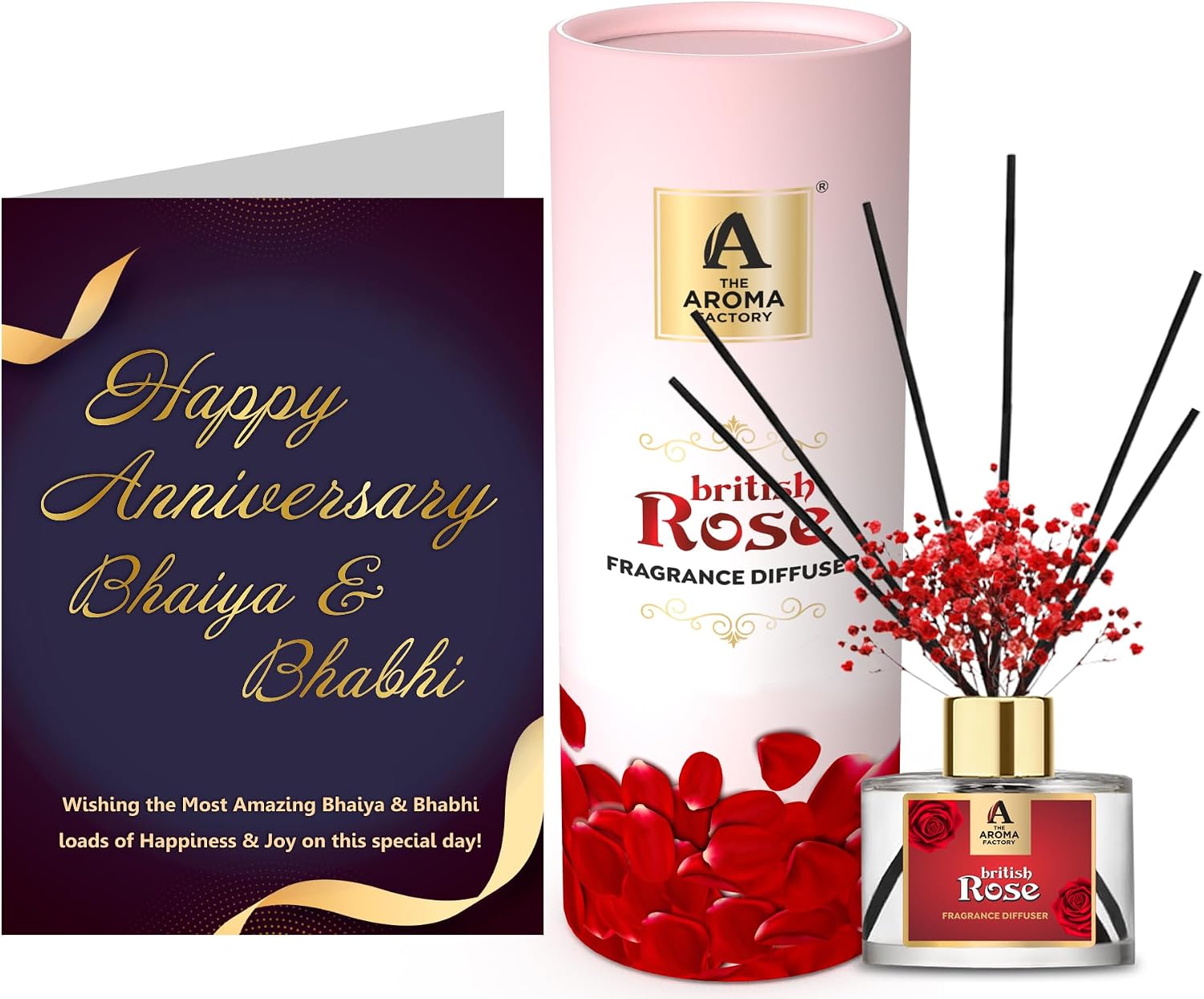 The Aroma Factory Happy Anniversary Bhaiya Bhabhi Gift with Card, British Rose Fragrance Reed Diffuser Set (1 Box + 1 Card)
