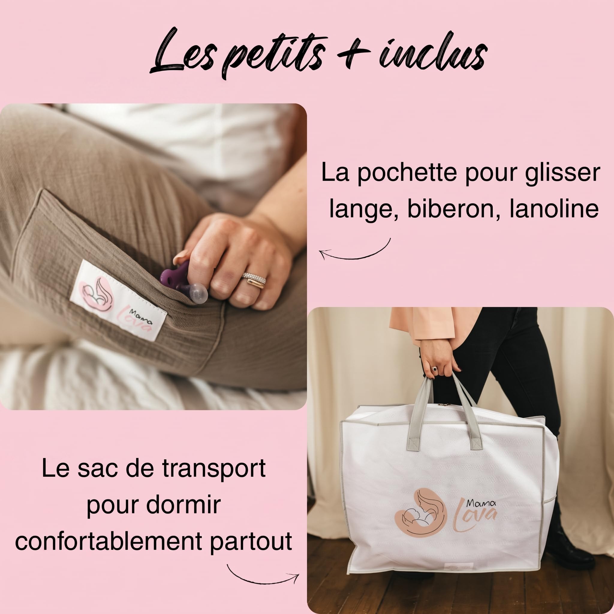 Mama Lova | Coussin de Grossesse et Coussin Allaitement Mémoire de Forme – Oreiller Ergonomique Gaze de Coton avec Housse de Rechange, Pochette & Sac. Cadeau Femme Enceinte, Coussin d’Allaitement