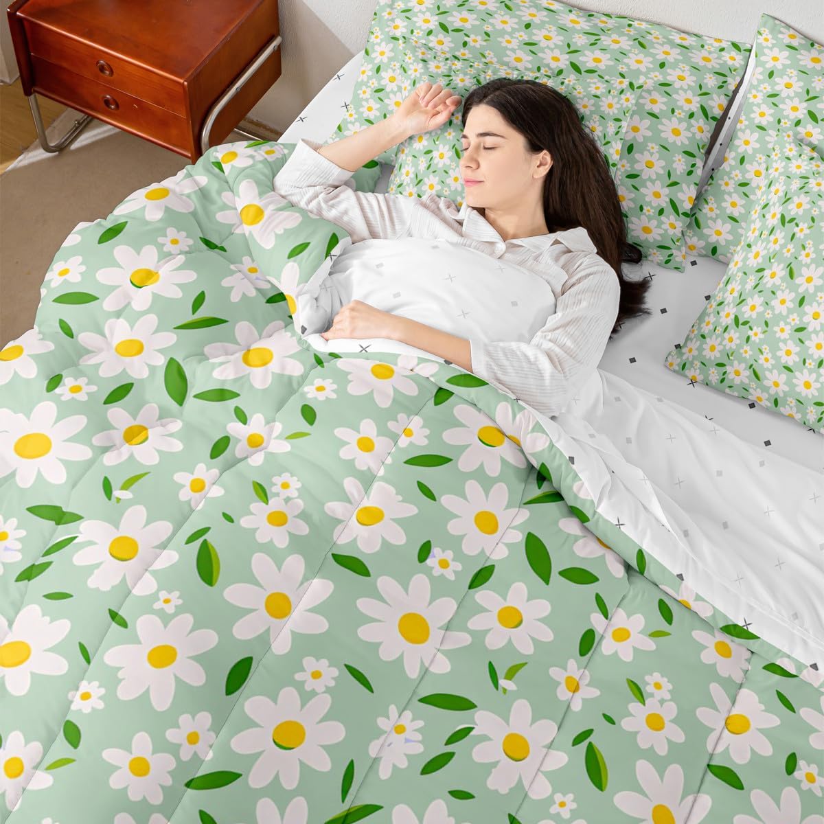 Feelyou Flower 7 Piece Bedding Set for Girls Women Green Daisy Floral Printed Comforter Set with Sheets King Size Bedroom Decor Cartoon Botanical Girly Bed in a Bag