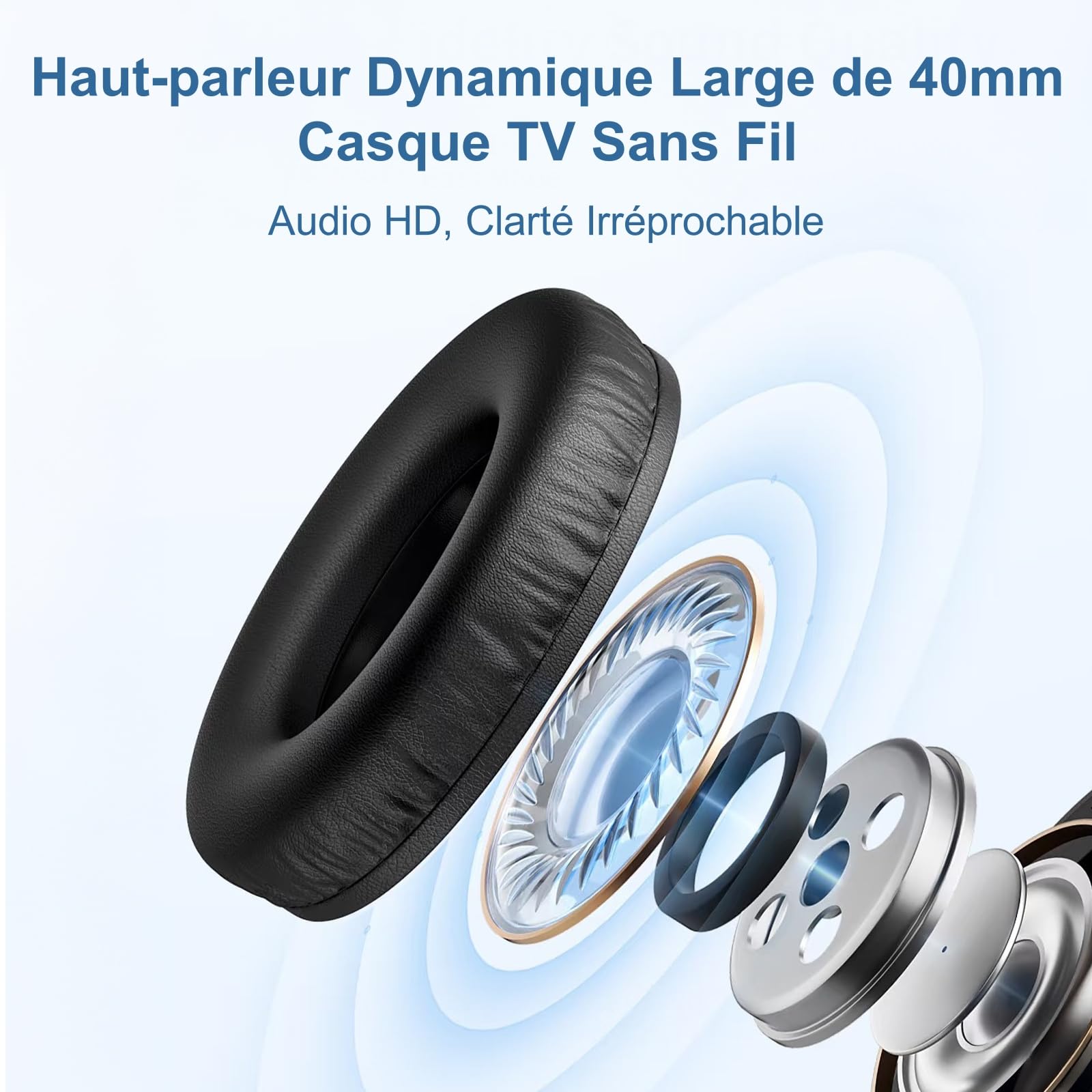 Casque Bluetooth sans Fil pour TV - sans Bouton Volume pour Séniors - Émetteur Signal Puissant, Plug & Play, Zéro Délai Audio - Compatible avec 99% des Téléviseurs Optique/AUX/RCA/USB