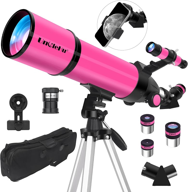 UncleHu 80mm Aperture, 600mm Refractor Travel Telescope for Adults and Kids | High Power,Telescopes with AZ Tripod, Phone Adapter and Carry Bag for Moon Viewing, Nature, Camping and Family Stargazing