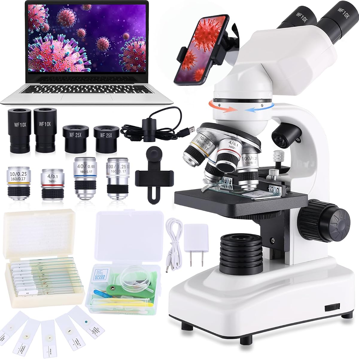 Microscopio compuesto, 40X-2500X, oculares WF10x y WF25x, iluminación LED dual y escenario mecánico de dos capas, microscopio para adultos...