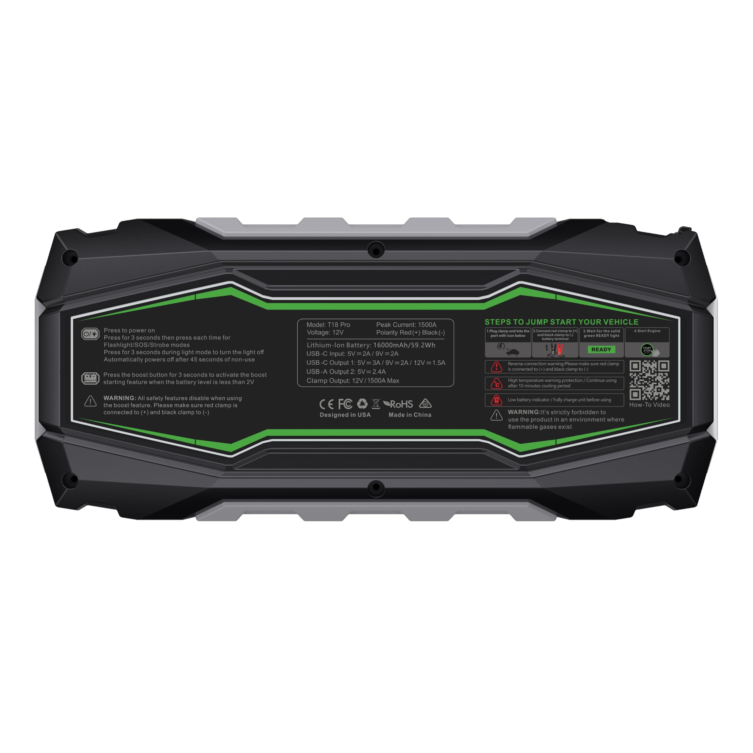 Caross T18 Pro Jump Starter 1500A 16000mAh 12V Portátil | Función Boost para Baterías de Bajo Voltaje, Protección contra Polaridad Inversa, 3 Modos de Luz, Carga Rápida 18W