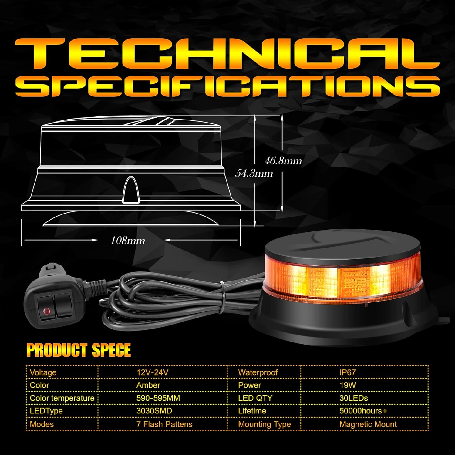 DAYSEN LED Amber Beacon Light, 4.2" Flashing Emergency Strobe Lights, Magnetic Mount 360 °Rotating Rooftop Safety Warning Light for Trucks Tractors Golf Carts UTV & ATV Cars(Magnetic)