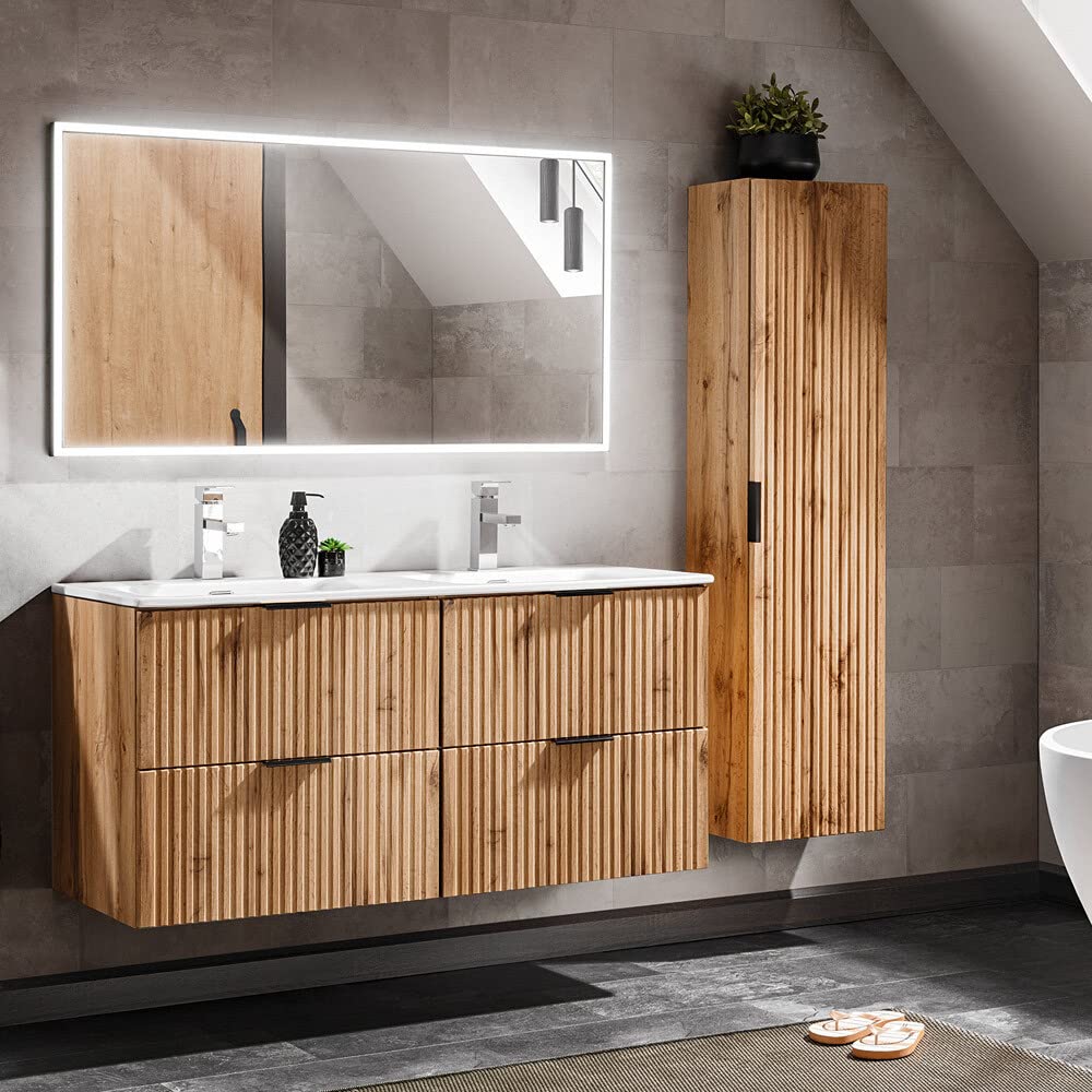 Meuble De Salle De Bains 120 Cm 4 Tiroirs Chêne Naturel + Vasque Double Céramique Noire - TIMBER