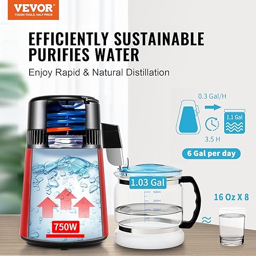 Miniatura 2 de VEVOR Destilador de agua, filtro purificador de agua pura de 4L 1.05 galones para encimera del hogar, máquina de agua destilada de 750 W, destilador